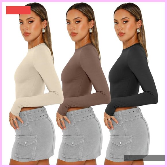 3 Pack Long Sleeve Crop Tops Slim Fitted Y2K Fashion Fall Outfits - Picture 3 of 4